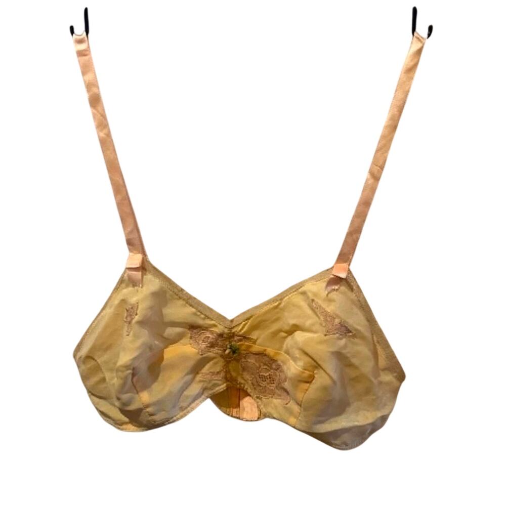 RARE vintage 1920s 30s Peach Pink Satin Lace Bra Antique Lingerie Bralette S/M